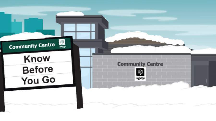 Community centre with sign saying Know Before you Go. 