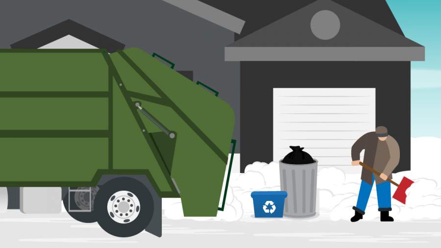 Illustrated image of garbage and recycling containers in a cleared area in front of snow