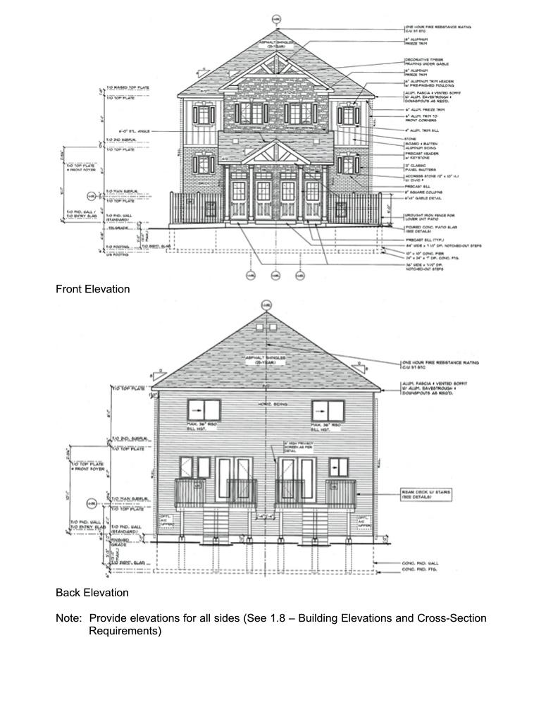  Building elevations and cross-section drawing example. This example is of the front of the building and back of the building.