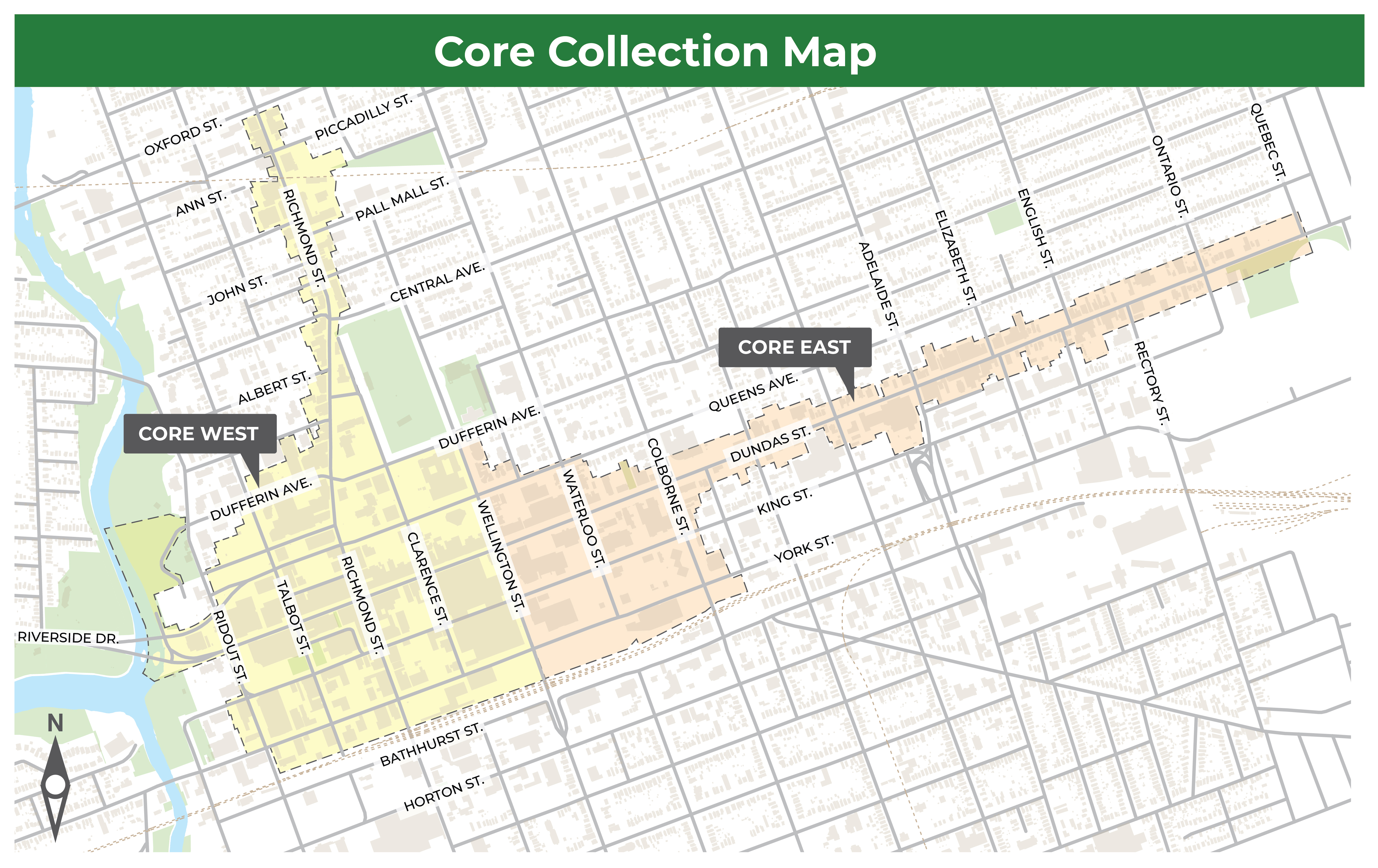 A map of the Core garbage collection area. For assistance, please contact cocc@london.ca