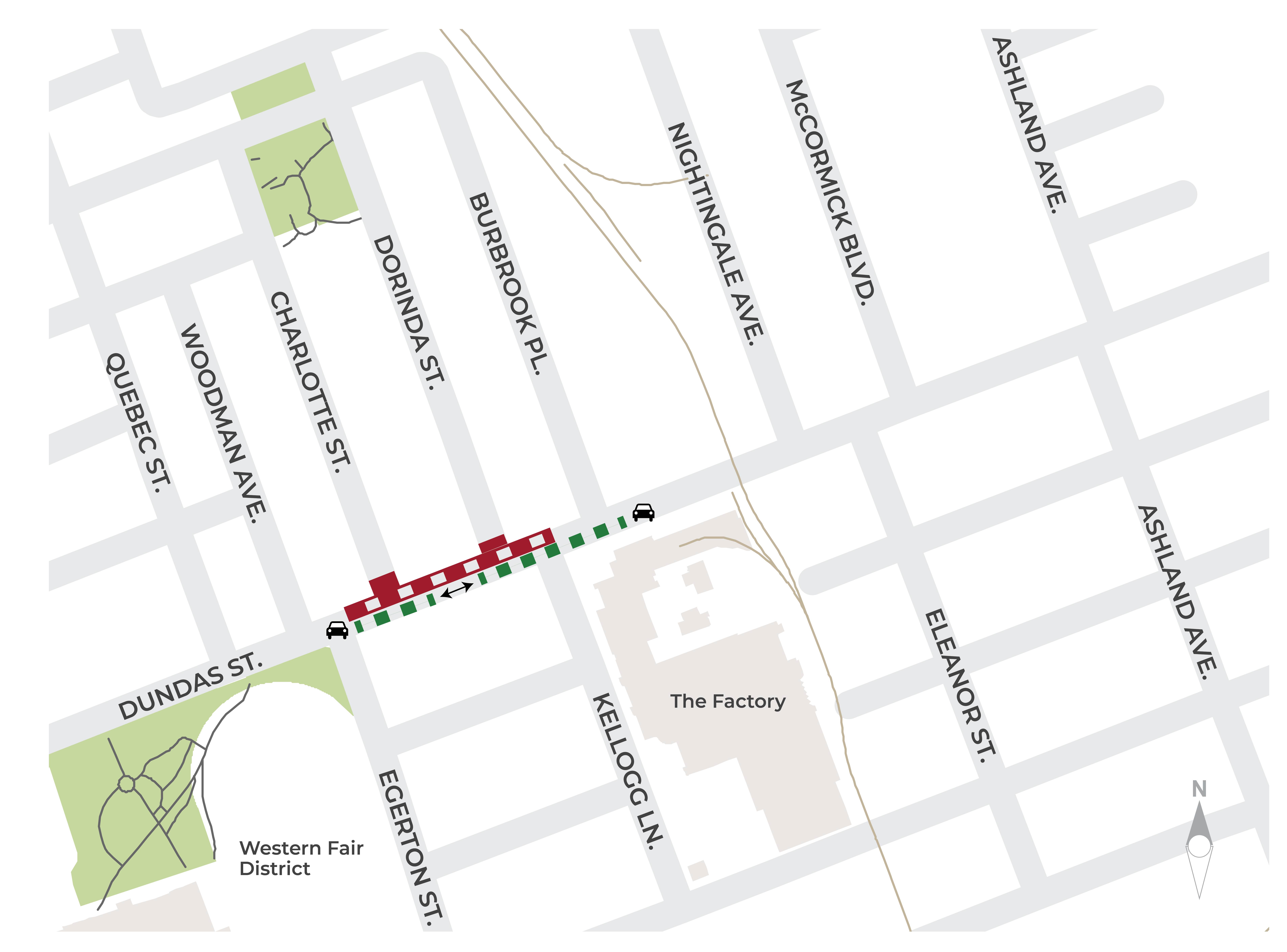 A map of the upcoming lane restrictions on Dundas Street for the first stage of construction of the East London Link Phase 3A West project.