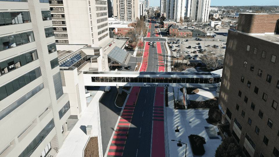 Aerial view of bus only lanes on King Street